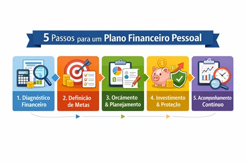 Infográfico resumindo os 5 passos para criar um plano financeiro pessoal
