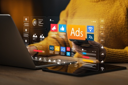 Empreendedora criando anúncios online para negócio de alimentação