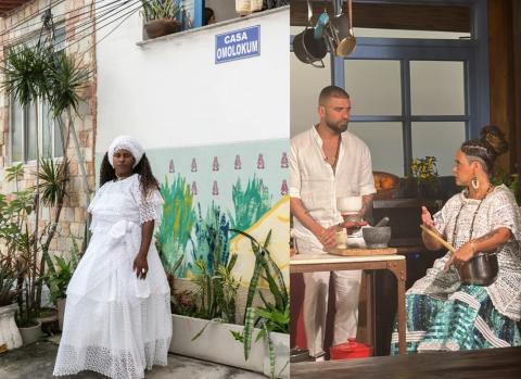 Modelo em frente à Casa Omolokum e Chef Leila em show de culinária