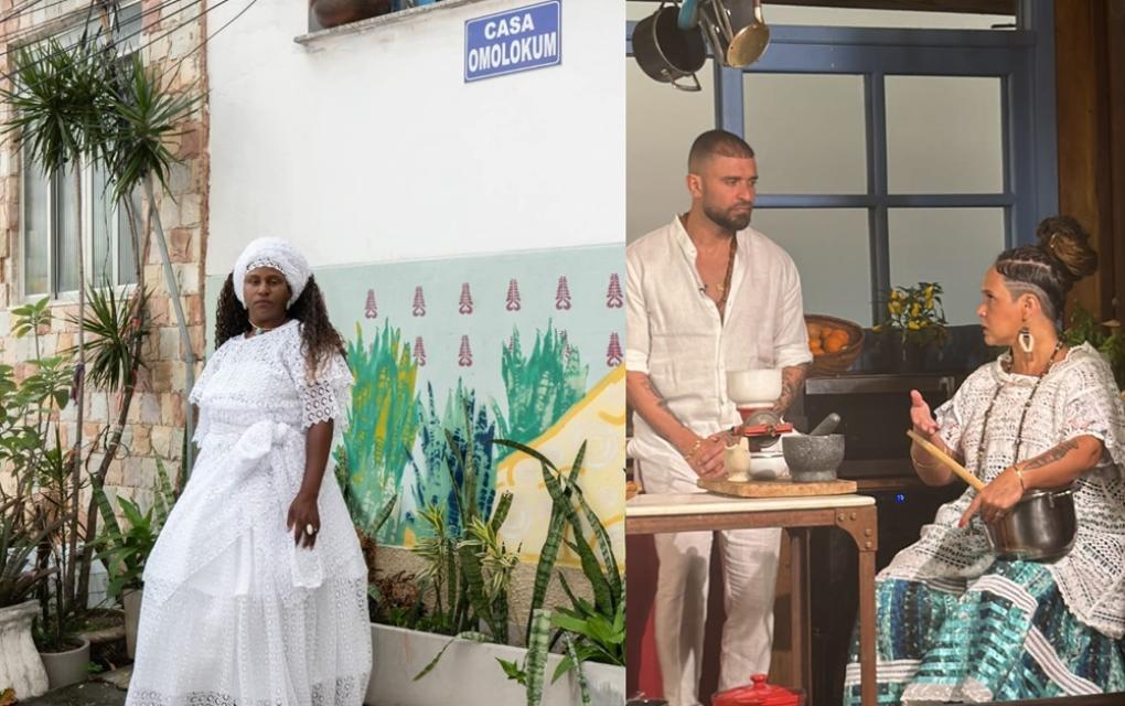 Modelo em frente à Casa Omolokum e Chef Leila em show de culinária