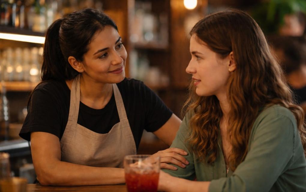 Funcionária de bar conversando com uma cliente, seguindo o protocolo Não é Não