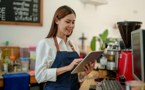 Empreendedora fazendo análise de dados do ano anterior de negócio